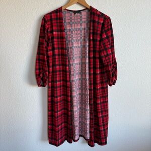 Vintage Red Plaid Open Front Cardigan Cozy Holiday Winter Cottagecore Size Large